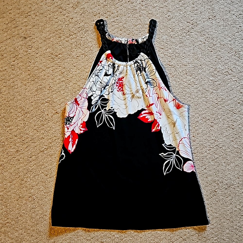 White House Black Market Black Floral Halter Tank with White and Red Accents